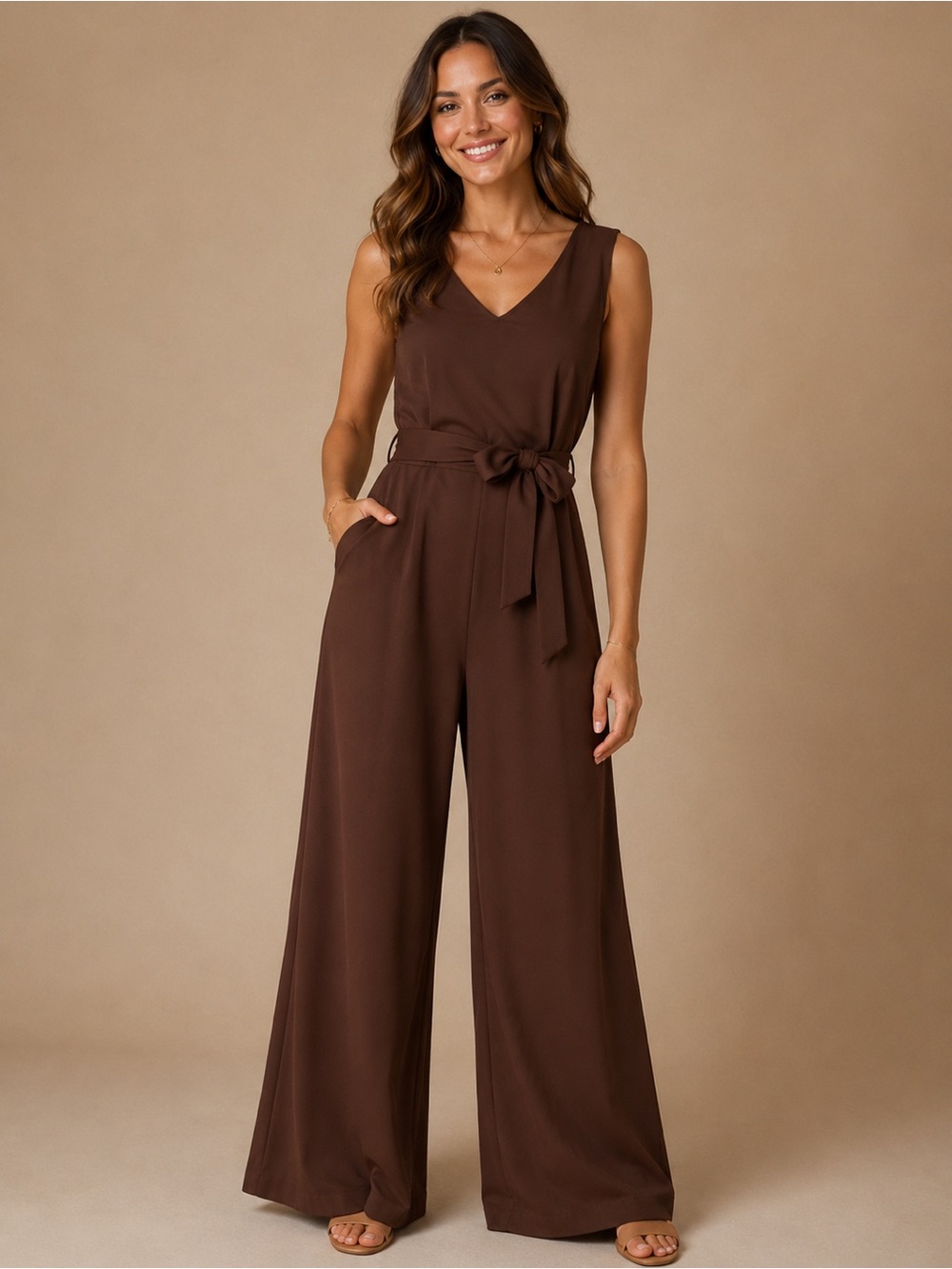 Calvin Klein Brown Wide-Leg Tie-Waist Jumpsuit